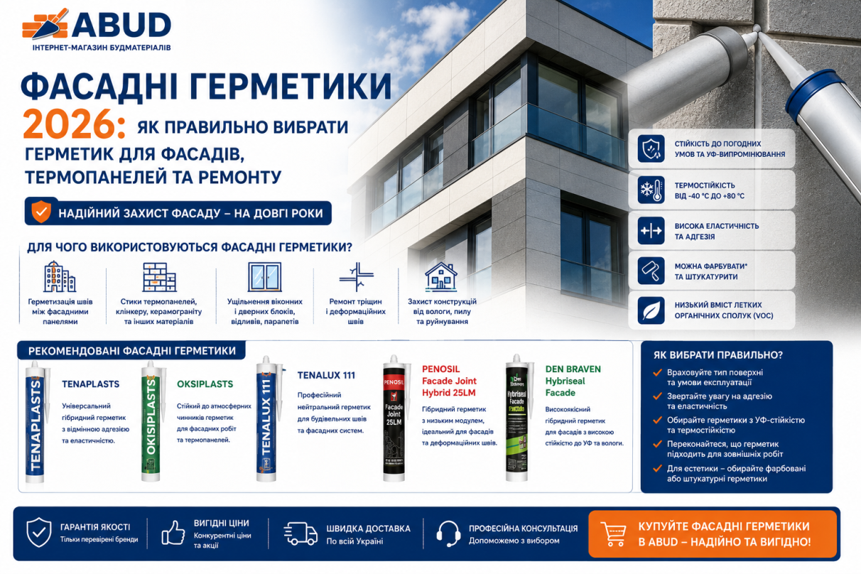 Фасадні герметики 2026: як правильно вибрати герметик для фасадів, термопанелей та ремонту